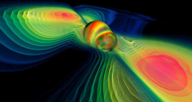 Computer simulation of two merging black holes producing gravitational waves