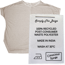 Care label for beige t-shirt: 100% recycled post-consumer waste polyester, made in India, Wash at 30 degrees and iron at medium heat. Part of the conscious range.