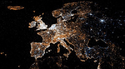 Overhead view of UK and Europe at night with lights on