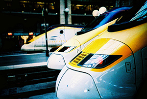Eurostar trains line up to head under the Channel