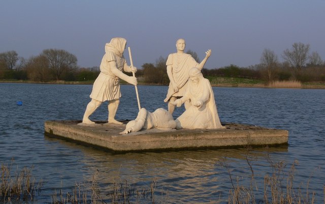 A statue depicting the final scene of King Lear in King Lear's Lake, Watermead, Leicestershire