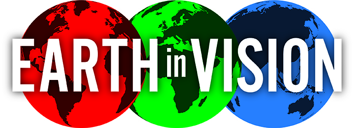 Red, Blue and Green Planet Earth's overlapping with the text 'Earth in Vision' in white across the front. 