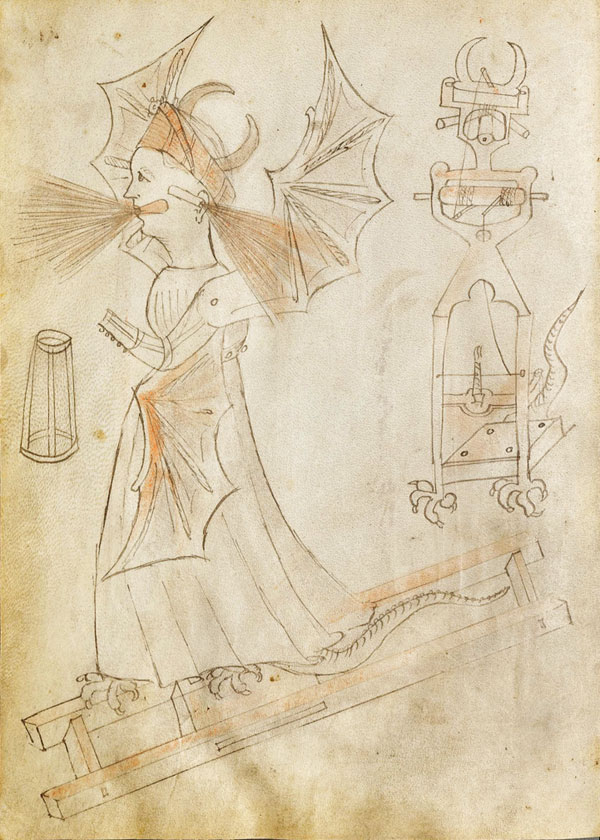 A mechanised creature, half-human half-serpent, from Johannes de Fontana’s 15th-century manuscript Belli Corum instrumentorum liber cum figuris 
