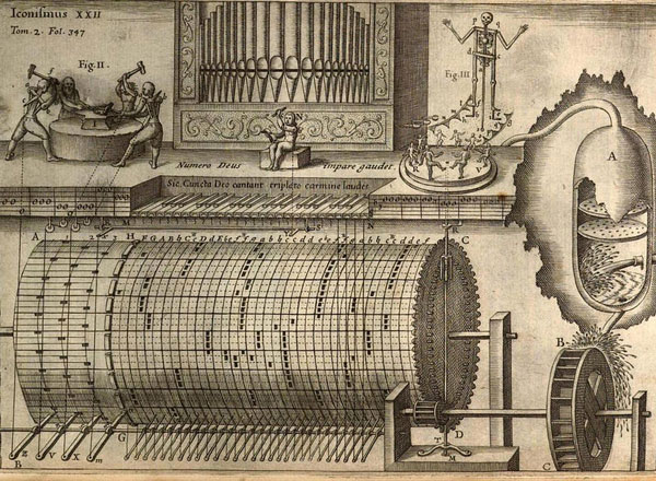 Kircher’s fanciful design for a hydraulic organ, complete with dancing skeleton, featured in his Musurgia Universalis