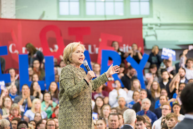 Hillary Clinton at an April 2016 campaign stop at Carnegie Mellon University, Pittsburgh