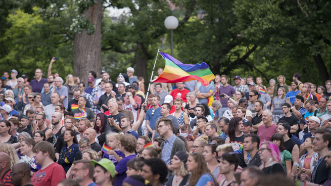 Around 3000 people gathered in Loring Park, Minneapolis, Minnesota to unite in the wake of the Orlando, Florida shooting in a gay nightclub.