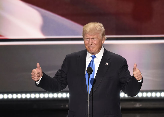 Donald Trump gives a "Fonz-style" thumbs-up from the stage at the Republican National Convention