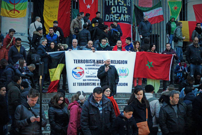 Muslim organizations on the Bourse Square in Brussels giving their support to the victims of the Brussels terror attacks of 22 March 2016