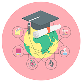 Conceptual illustration of international academic education with a globe, graduation cap and the symbols of various sciences