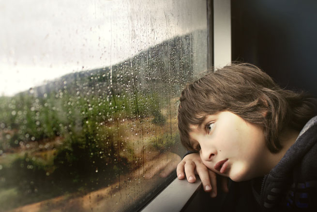 A child observes the world through a window of a moving train