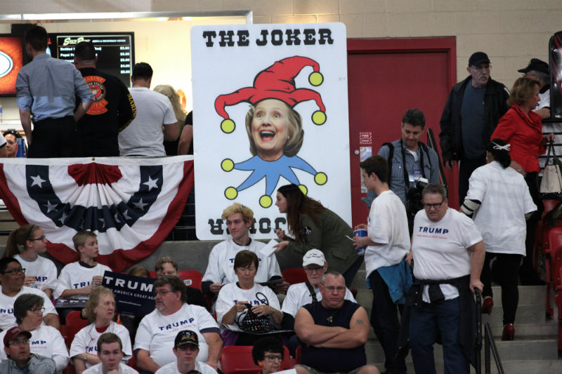 Anti-Hillary Clinton sign at a campaign rally for Donald Trump at the South Point Arena in Las Vegas, Nevada