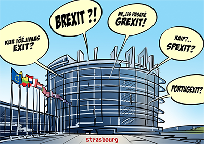 Cartoon of EU Parliament, with speech bubbles reading 'Brexit?!', 'Kaip?..Spexit?', 'Portugexit?' and 'Kur Isejimas Exit'?