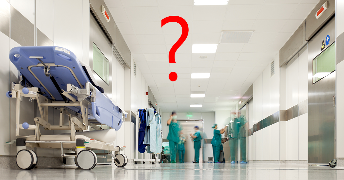 hospital corridor with a question mark 