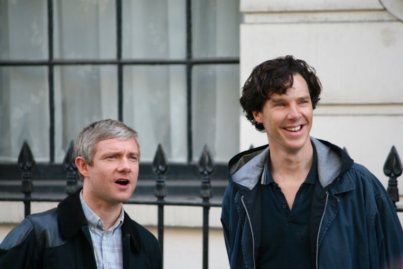 Benedict Cumberbatch (right) and Martin Freeman shooting Sherlock