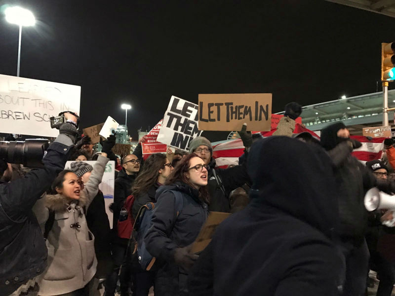Protests at JFK airport against Donald Trump's executive order stopping entry