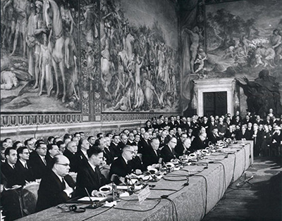 The signing ceremony of the Treaty at the Palazzo dei Conservatori on the Capitoline Hill