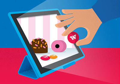 An illustration of an ipad with sweets and doughnuts on and a child'd hand pulling a sweet out of the screen. 