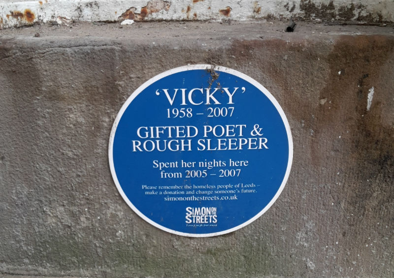 Blue plaque in Leeds honouring rough sleeper Vicky