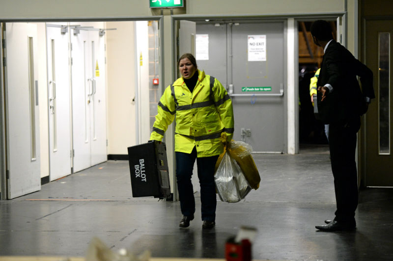Ballot boxes arrive at a 2014 election count at the Ricoh Arena, Coventry