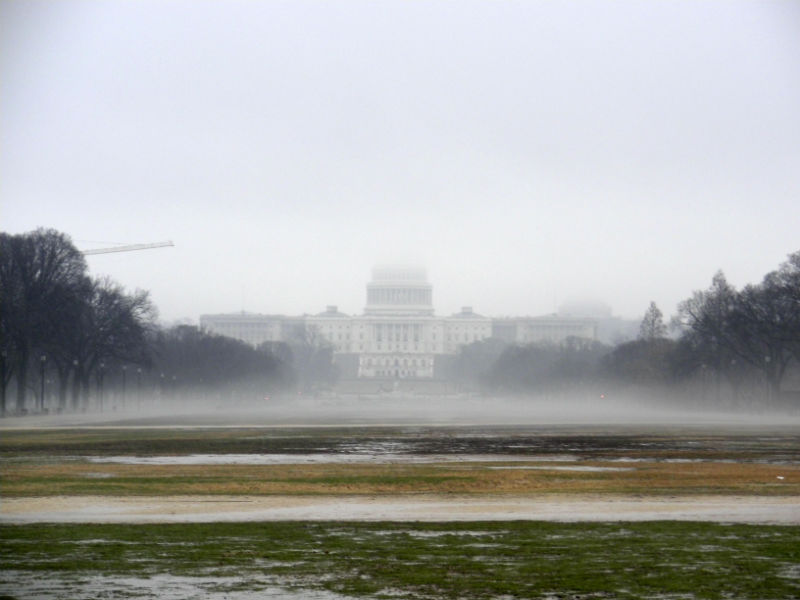 The US capitol building shrouded in fog, as if in a heavy-handed metaphor