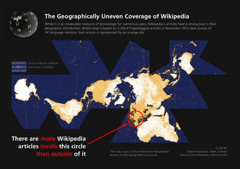 Map showing 'The Geographically Uneven Coverage of Wikipedia' as described in the text