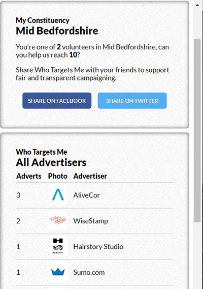 An image of the 'Who Targets Me' app that shows which advertisers are targeting the user.