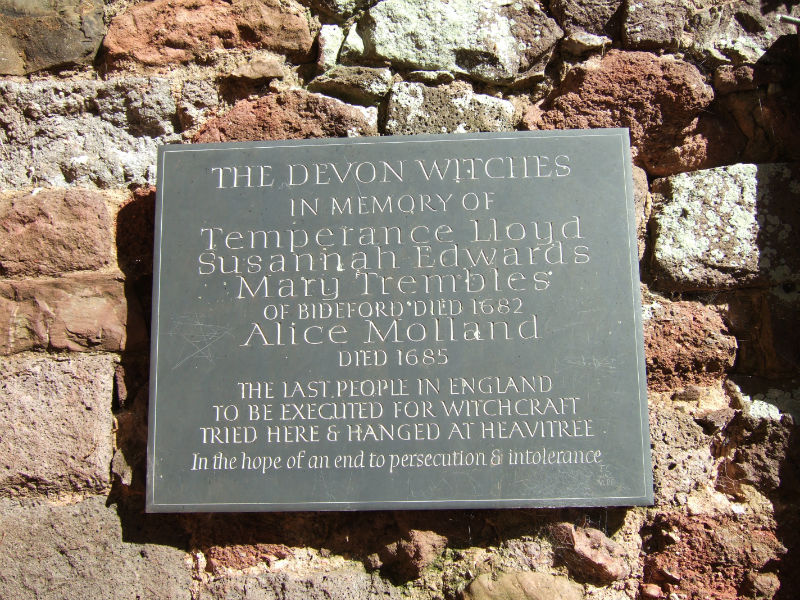 A memorial plaque to the Devon Witches, the last women to be executed for "witchcraft" in England