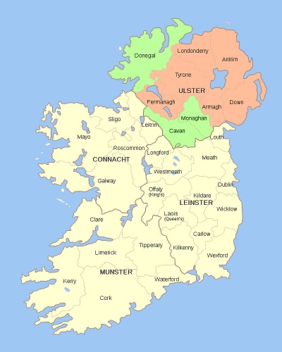 The counties of the island of Ireland. The current counties of Northern Ireland are in red, whilst the historic counties of Ulster that are not in Northern Ireland are shown in green. 