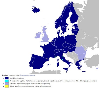A map showing the countries within the European free movement zone