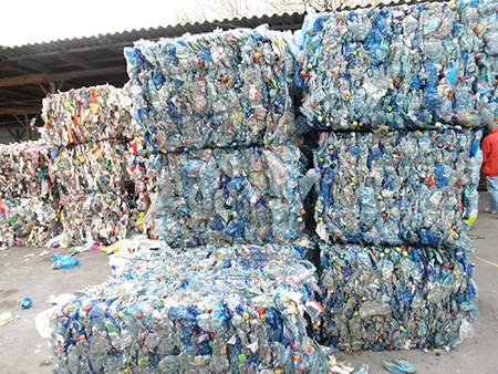 Bales of polyethylene (PET) drinks bottles for recycling 