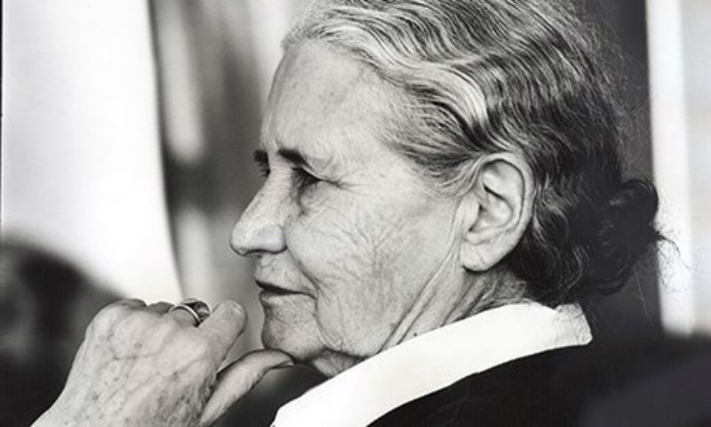 Portrait image of the British writer, Doris Lessing, black and white