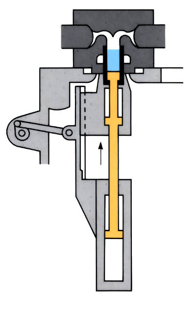 Diagram to demonstrate molten metal being poured slowly into a shot chamber situated at the top of a drive cylinder that’s slightly tilted off vertical.