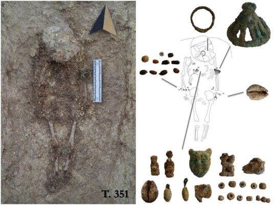 An archaeological site in Monte Sirai, Sardinia, consisting of a tomb with personal ornaments