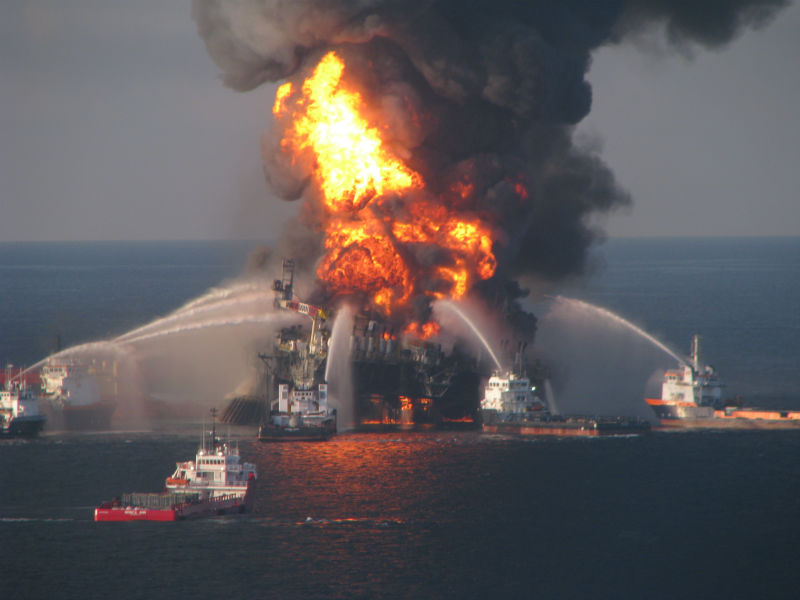 Fire boat response crews battle the blazing remnants of the offshore oil rig Deepwater Horizon