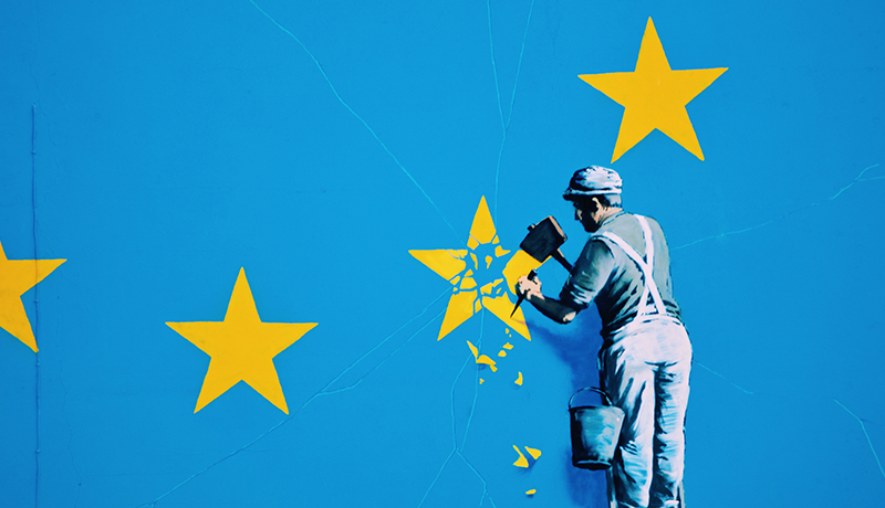 A Banksy work of art in Dover. A man knocks a star out of EU flag. 
