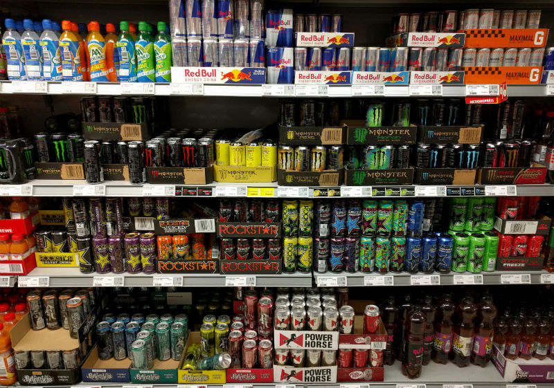 Supermarket display of energy drinks, Germany, 2015
