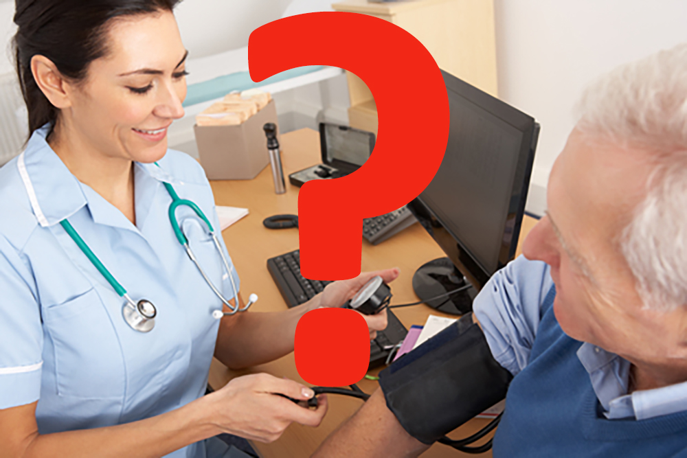 Large red question mark over a nurse taking a man's blood pressure