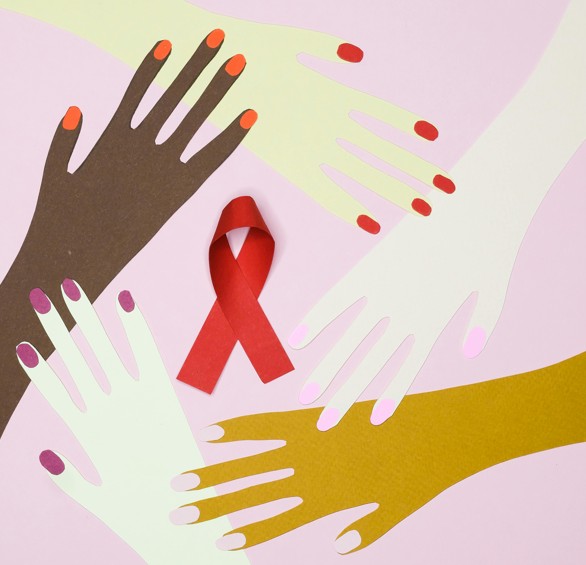 A group of hands touching each other, surrounding a red ribbon.