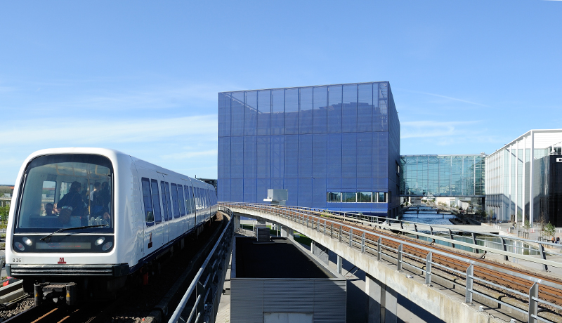 An autonomous metro train on the M1 line arrives at DR Byen station in Copenhagen, Denmark