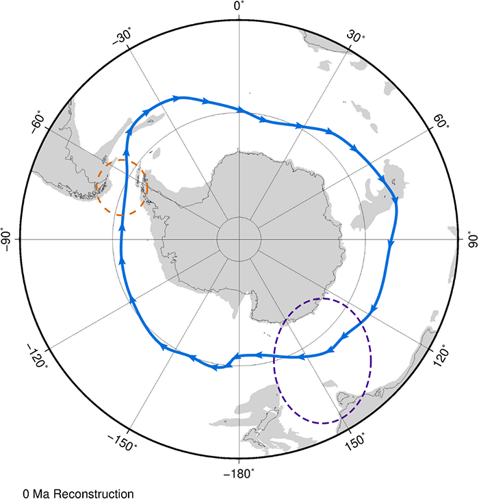 A map showing the modern-day pathway of the Antarctic Circumpolar Current 