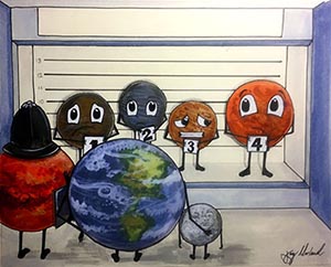 Illustration of asteroid bodies in a police line up being judged by Earth and Moon