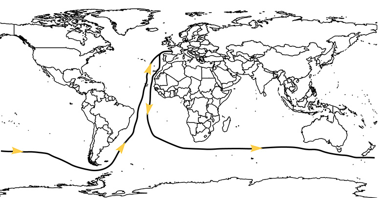 Map of the world with Atlantic focus with GGR outward and homeward tracks 
