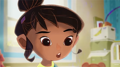 Cartoon graphic of a girls face expressing surprise. She has brown complexion with dark hair tied up and brown eyes.