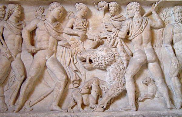 A band of heroic hunters and their dogs surround a monstrous boar. Front of a Roman sarcophagus, Meleager hunting the boar of Calydon, sent by Diana as punishment for a neglected sacrifice. 1st - 2nd century AD (AD 1 - 200) 85 cm (height) 191 cm (width) 1.2 cm (depth) 393 kg (weight). 