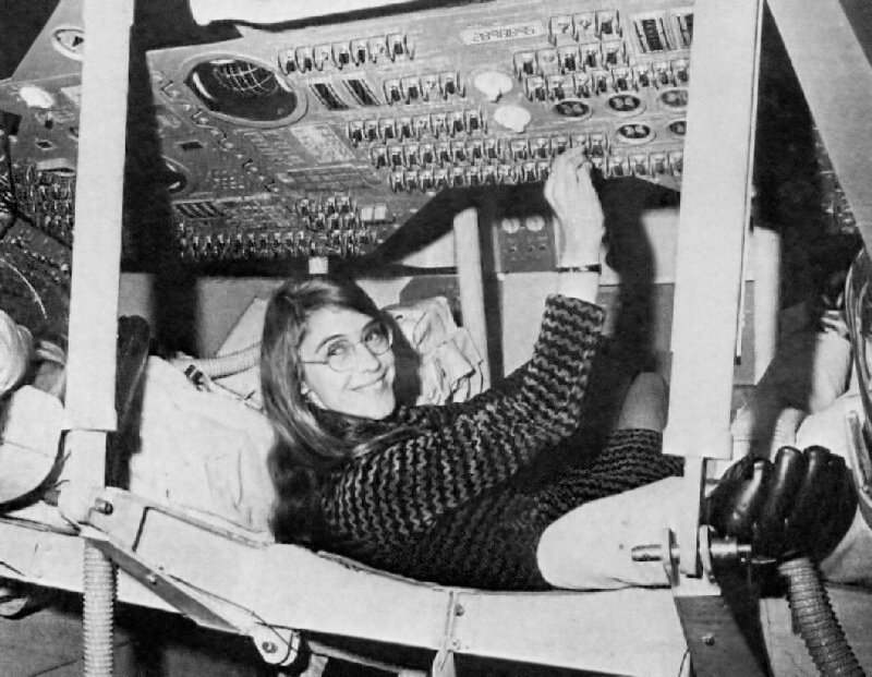 Margaret Hamilton in the Apollo Command Module (NASA).