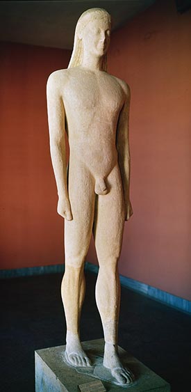  Artist unknown. Milos, 6th century BCE, marble, height 214cm. Like other statues made in Greece around the same time, he stands with one foot in front of the other, as if ready to walk.
