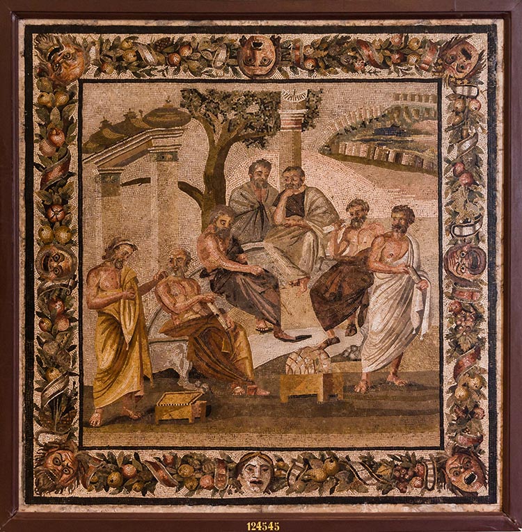 Roman mosaic of the 1st century BCE from Pompeii. Dimensions 86 cm × 85 cm (34 in × 33 in). Now at the Museo Nazionale Archeologico, Naples.