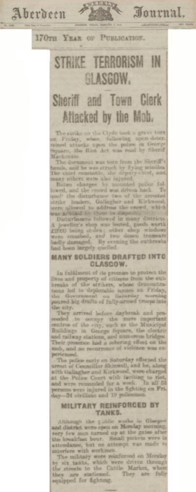 Strike terrorism in Glasgow headline - Aberdeen Journal 1919