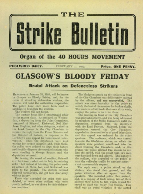 Strike Bulletin page from 1919 showing Glasgow Bloody Friday story