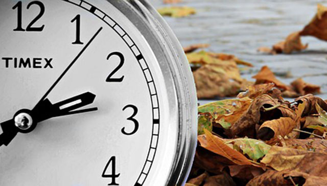 change depicted by a clock and autumn leaves